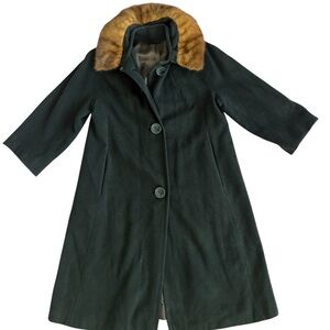 Women's Vintage 1950’s Black 100% Cashmere‎ Coat, Mink Collar, Silk lining, Med